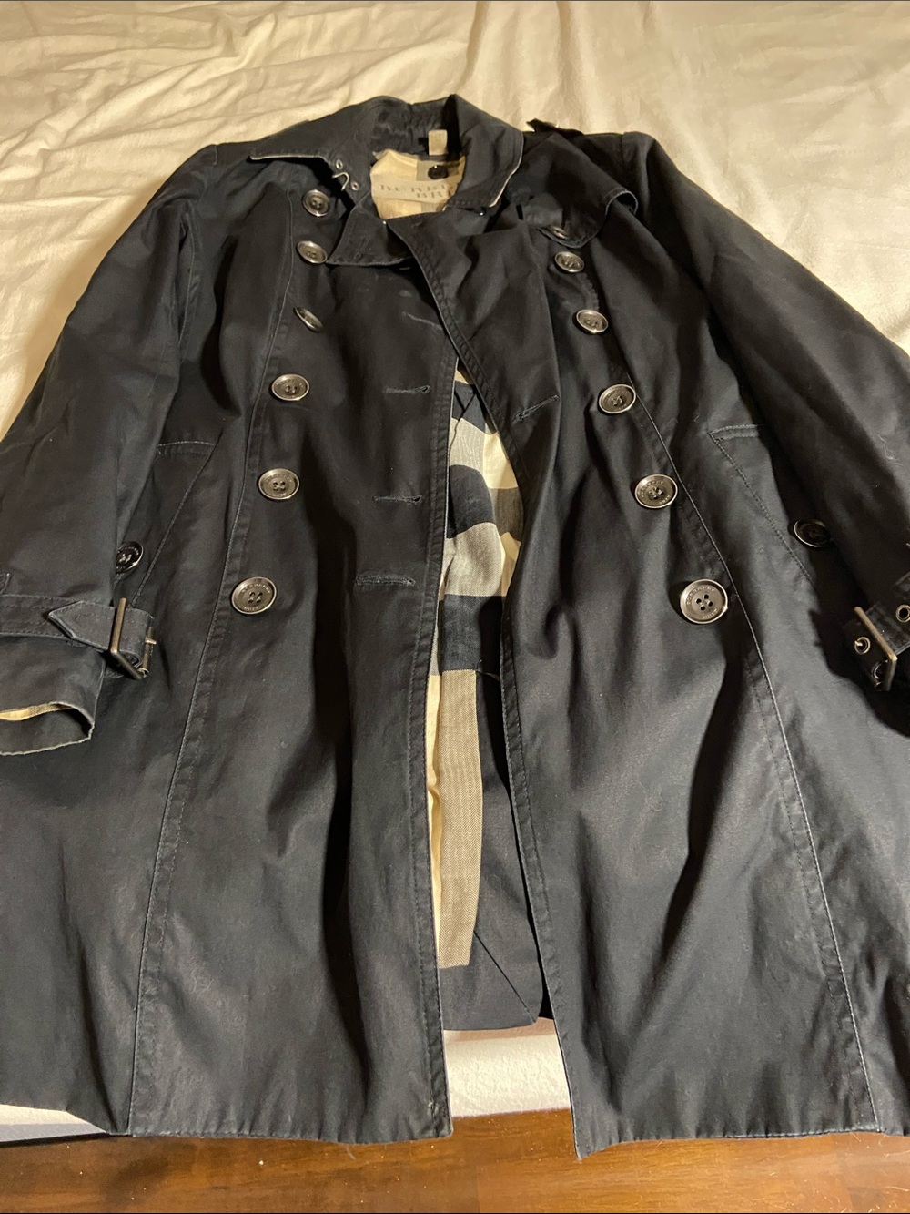 Burberry Brit Navy Coat with Beige and Red Iconic Lining